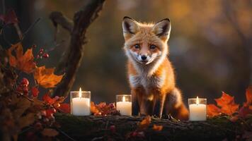 A fox surrounded by candles and autumn leaves, creating a serene, enchanting atmosphere. photo