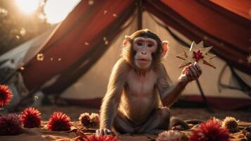 A monkey holding a star-shaped decoration near a tent in a natural setting. photo