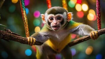 A playful monkey hanging on a branch with colorful lights in the background. photo