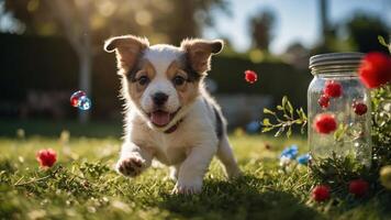 A playful puppy runs through a garden, surrounded by flowers and a jar, capturing joy. photo