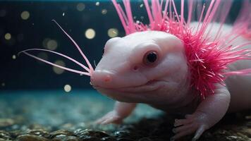 An axolotl with vibrant pink spikes swimming in a serene aquatic environment. photo