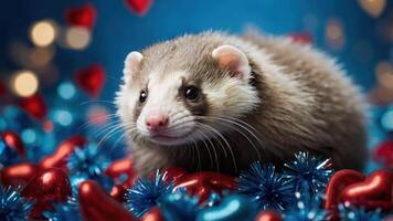 A cute ferret surrounded by colorful decorations, evoking a festive atmosphere. photo