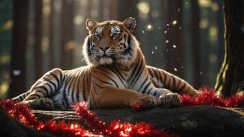 A majestic tiger rests on a log adorned with festive red tinsel in a serene forest setting. photo