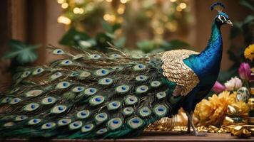 A vibrant peacock displays its colorful feathers in a lush setting. photo