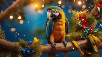 A colorful parrot perched on a festive branch adorned with decorations and lights. photo