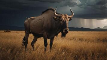 A wildebeest stands in a golden grassland under a dramatic sky, evoking a sense of wilderness. photo