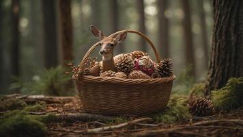 A deer figurine nestled in a basket filled with pinecones in a forest setting. photo