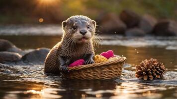 An otter playfully holds a basket of colorful items in a serene river setting. photo