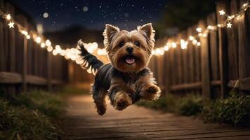 A joyful dog leaps along a path adorned with twinkling lights under a starry night sky. photo