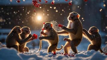 A group of monkeys playfully interacting in a snowy landscape, surrounded by falling berries. photo