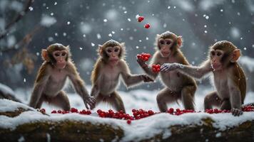 Four monkeys play with red berries in a snowy environment. photo