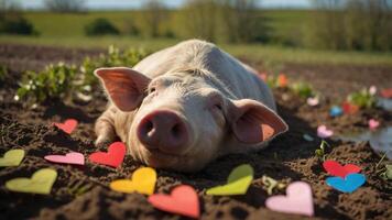 A sleeping pig surrounded by colorful paper hearts in a natural setting. photo