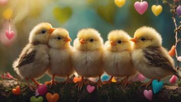 Five fluffy chicks perched on a branch, surrounded by colorful hearts, evoking warmth and joy. photo