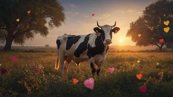 A cow stands in a field at sunset, surrounded by floating hearts, symbolizing love and warmth. photo