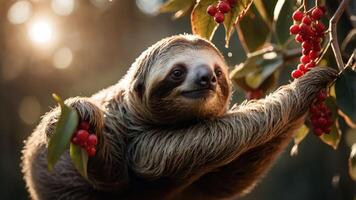 A sloth hanging from branches with red berries in a natural setting. photo