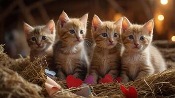 Four adorable kittens sitting together on hay with colorful hearts around them. photo