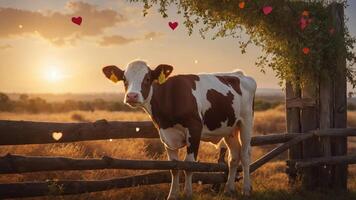 A serene sunset scene featuring a cow by a wooden fence, surrounded by hearts. photo