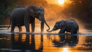 Two elephants play in water during sunset, creating a serene and joyful atmosphere. photo