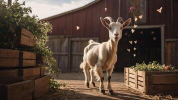 A playful goat stands in a barn setting, surrounded by greenery and butterflies. photo