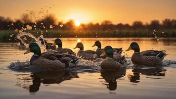 Ducks swimming in a serene pond during sunset, creating splashes and reflections. photo