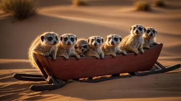 A group of meerkats sitting in a wooden sled on sandy terrain. photo