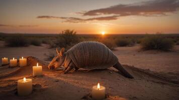 An armadillo explores a desert scene illuminated by candles at sunset. photo