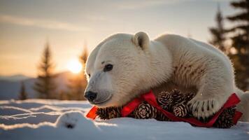 A polar bear resting on snow with pine cones and a red ribbon during sunset. photo