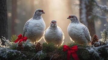 Three festive birds perched on a decorated branch in a serene, snowy forest setting. photo