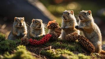A group of five squirrels interacting with pinecones in a natural setting. photo