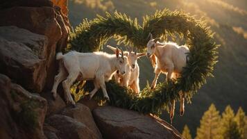 Three goats playfully interacting within a heart-shaped wreath on a rocky landscape. photo