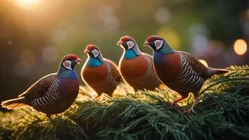 Four colorful birds perched on a branch, illuminated by soft sunlight. photo