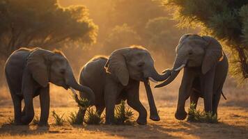 Three elephants playfully interacting in a golden sunset setting. photo