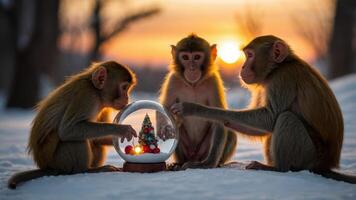Three monkeys play with a snow globe featuring a Christmas tree at sunset in a snowy landscape. photo