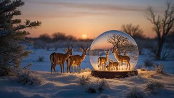 A serene winter scene featuring deer inside a snow globe at sunset. photo