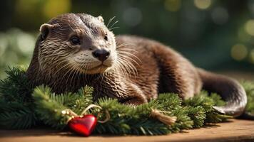 A cute otter rests on a wooden surface surrounded by a festive wreath and a red heart ornament. photo
