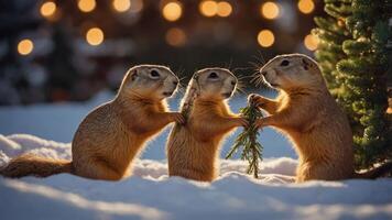 Three prairie dogs playfully interacting in a snowy setting with festive lights in the background. photo