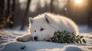 A serene Samoyed dog resting in the snow with greenery, capturing a tranquil winter moment. photo