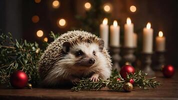 A hedgehog surrounded by festive decorations and candles, creating a cozy holiday atmosphere. photo