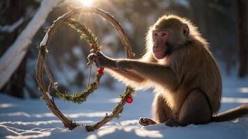 A baboon interacts with a festive wreath in a snowy forest setting. photo