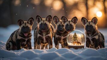 Five playful puppies in the snow with a decorative snow globe featuring a tree. photo