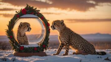 A cheetah and its cub gaze at each other through a snow globe adorned with roses at sunset. photo