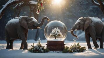 Two elephants admire a snow globe with a tree, surrounded by snow and festive decor. photo