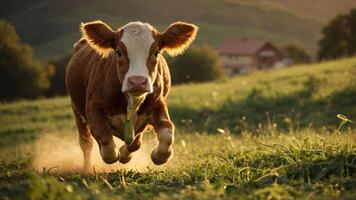 A playful calf runs through a grassy field during sunset, with a house in the background. photo