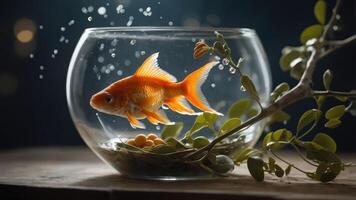 A goldfish swims in a glass bowl with aquatic plants and bubbles, creating a serene atmosphere. photo