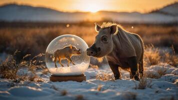 A pig outside a snow globe containing a smaller pig, set against a sunset background. photo