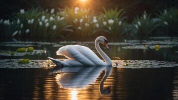 A serene swan glides across a tranquil pond at sunset, surrounded by lily pads and greenery. photo
