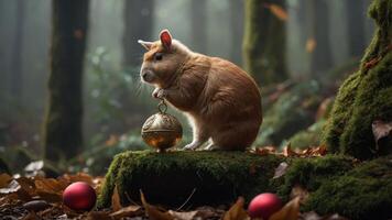 A rabbit holding a decorative ornament in a misty forest setting. photo