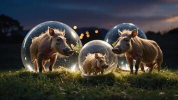 Three pigs inside transparent spheres in a grassy field at dusk. photo