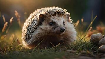 A close-up of a hedgehog in a natural setting, showcasing its features and environment. photo