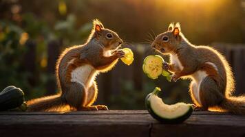 Two squirrels interacting with slices of cucumber at sunset. photo